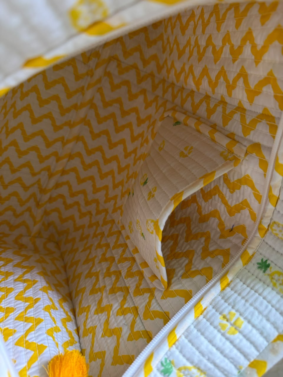 Handcrafted Quilted Cotton Tote Bag with Pineapple Print