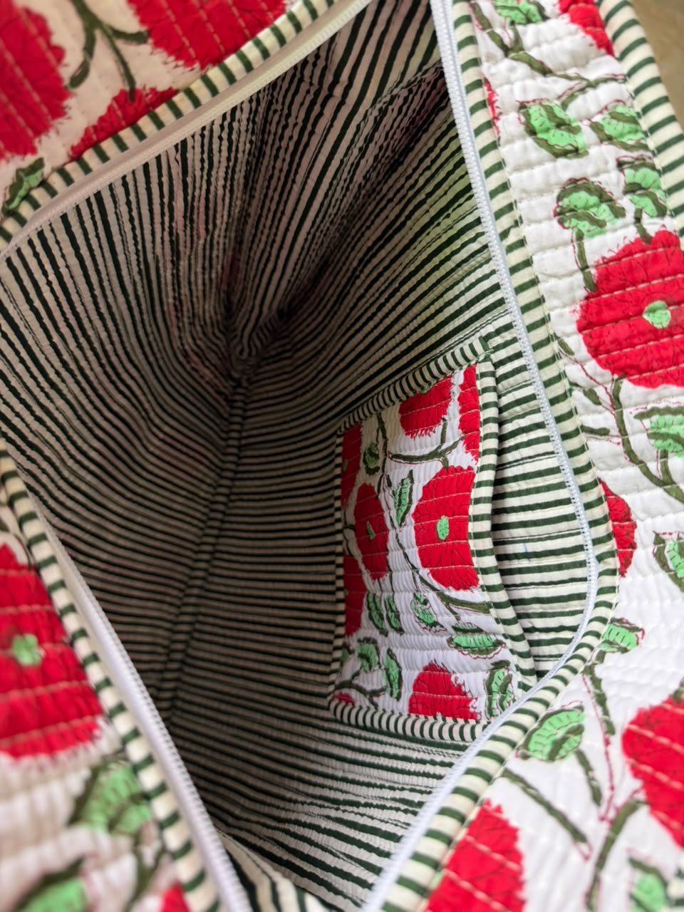 Red Blossom Handcrafted Quilted Tote Bag