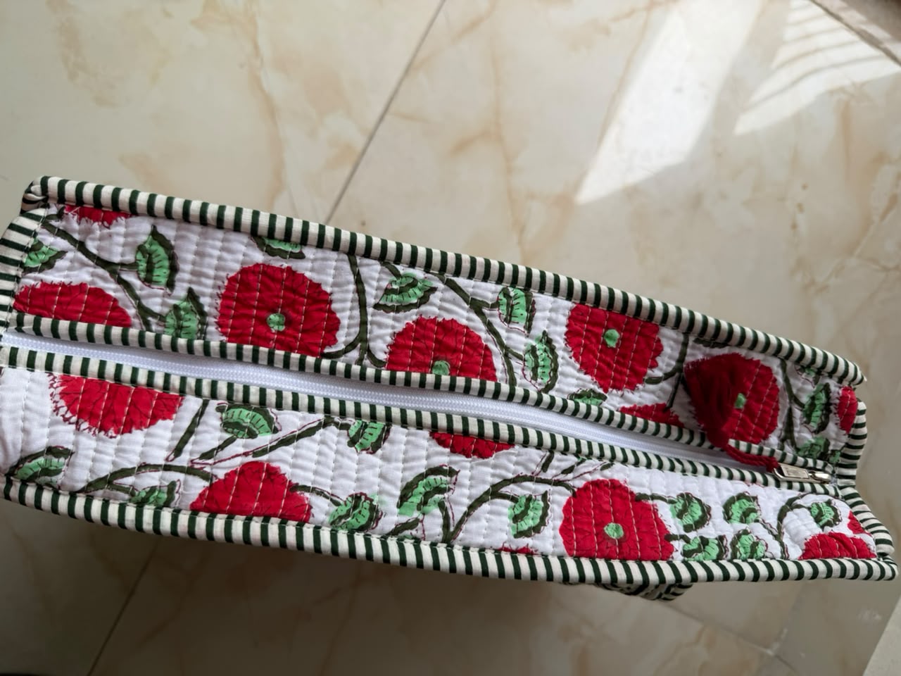 Red Blossom Handcrafted Quilted Tote Bag
