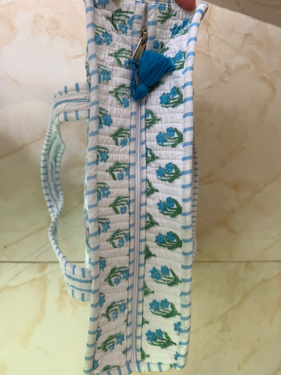 Premium Hand Block Printed Cotton Quilted Tote Bag with Tassel