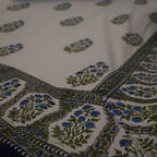 White & Blue Floral Buta Hand Block Cotton Bed Sheet with Pillow Covers – Queen/King Size