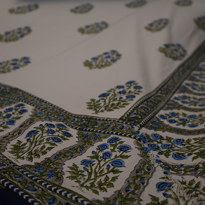 White & Blue Floral Buta Hand Block Cotton Bed Sheet with Pillow Covers – Queen/King Size