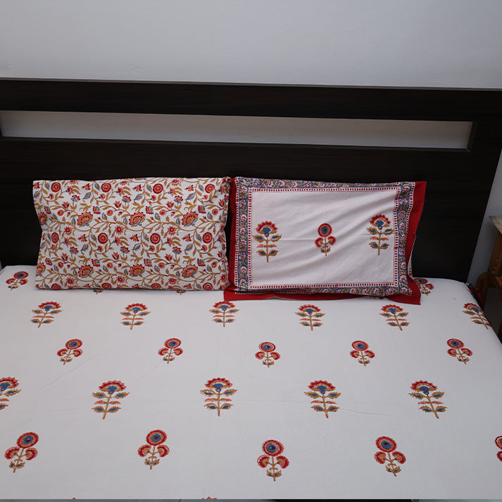 White & Red-Blue Floral Buta Hand Block Cotton Bed Sheet with Pillow Covers – Queen/King Size