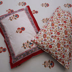 White & Red-Blue Floral Buta Hand Block Cotton Bed Sheet with Pillow Covers – Queen/King Size