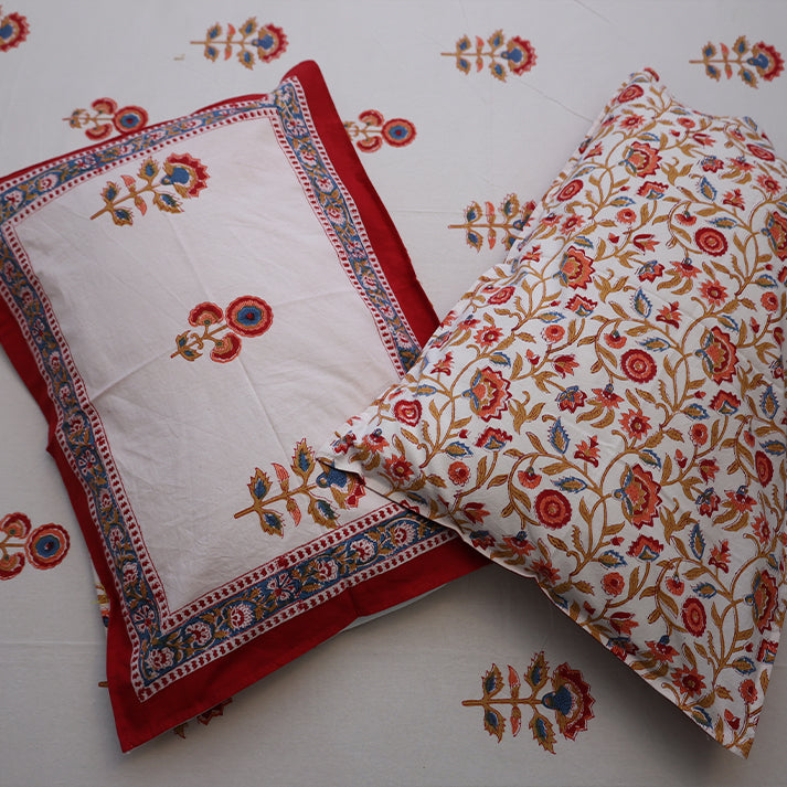 White & Red-Blue Floral Buta Hand Block Cotton Bed Sheet with Pillow Covers – Queen/King Size