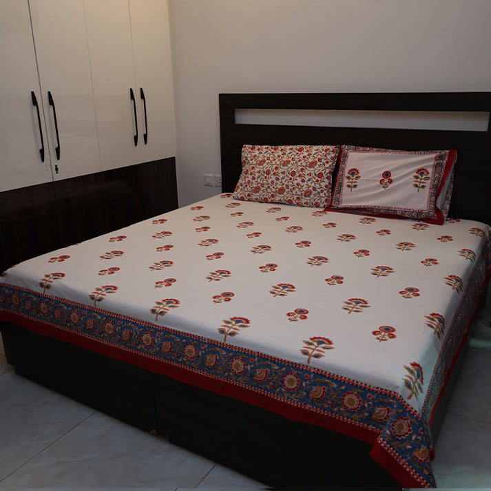 White & Red-Blue Floral Buta Hand Block Cotton Bed Sheet with Pillow Covers – Queen/King Size