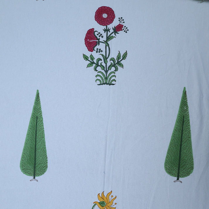 White & Green Cypress Floral Hand Block Cotton Bed Sheet with Pillow Covers – Queen/King Size