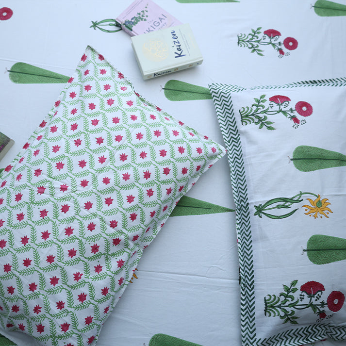 Pink Vine & Mint Green Floral Hand Block Cotton Mulmul Reversible Dohar Bed Sheet with King Size Bed Sheet +Pillow Cover Combo