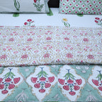 Pink Vine & Mint Green Floral Hand Block Cotton Mulmul Reversible Dohar Bed Sheet with King Size Bed Sheet +Pillow Cover Combo