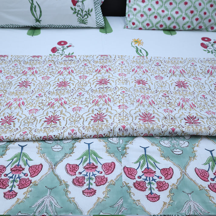 Pink Vine & Mint Green Floral Hand Block Cotton Mulmul Reversible Dohar Bed Sheet with King Size Bed Sheet +Pillow Cover Combo