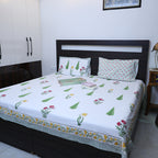 White & Green Cypress Floral Hand Block Cotton Bed Sheet with Pillow Covers – Queen/King Size