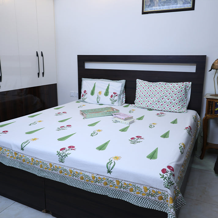 White & Green Cypress Floral Hand Block Cotton Bed Sheet with Pillow Covers – Queen/King Size